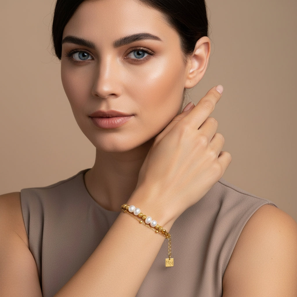 MARENTA Gold Bead & Freshwater Pearl Chain Bracelet | THE HUBBELL COLLECTIVE