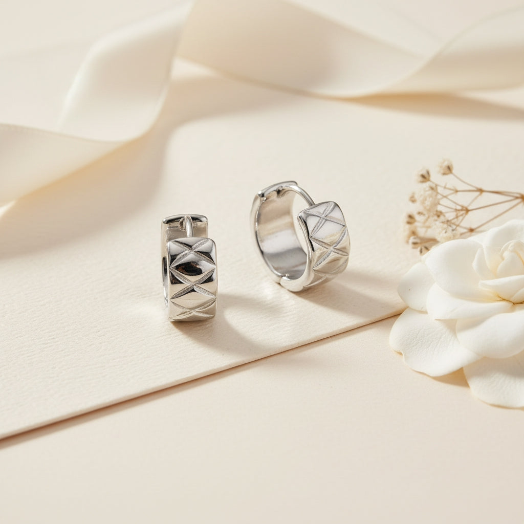 Etched Wide Mini Hoop Earrings in White Gold | THE HUBBELL COLLECTIVE